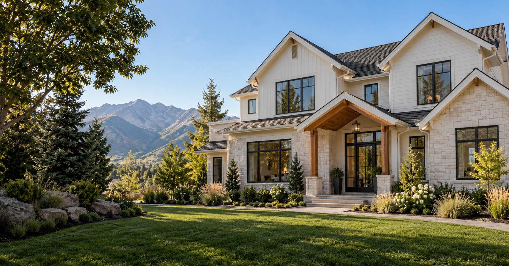 Illustrative home with large windows, landscaped grounds, and a mountain backdrop
